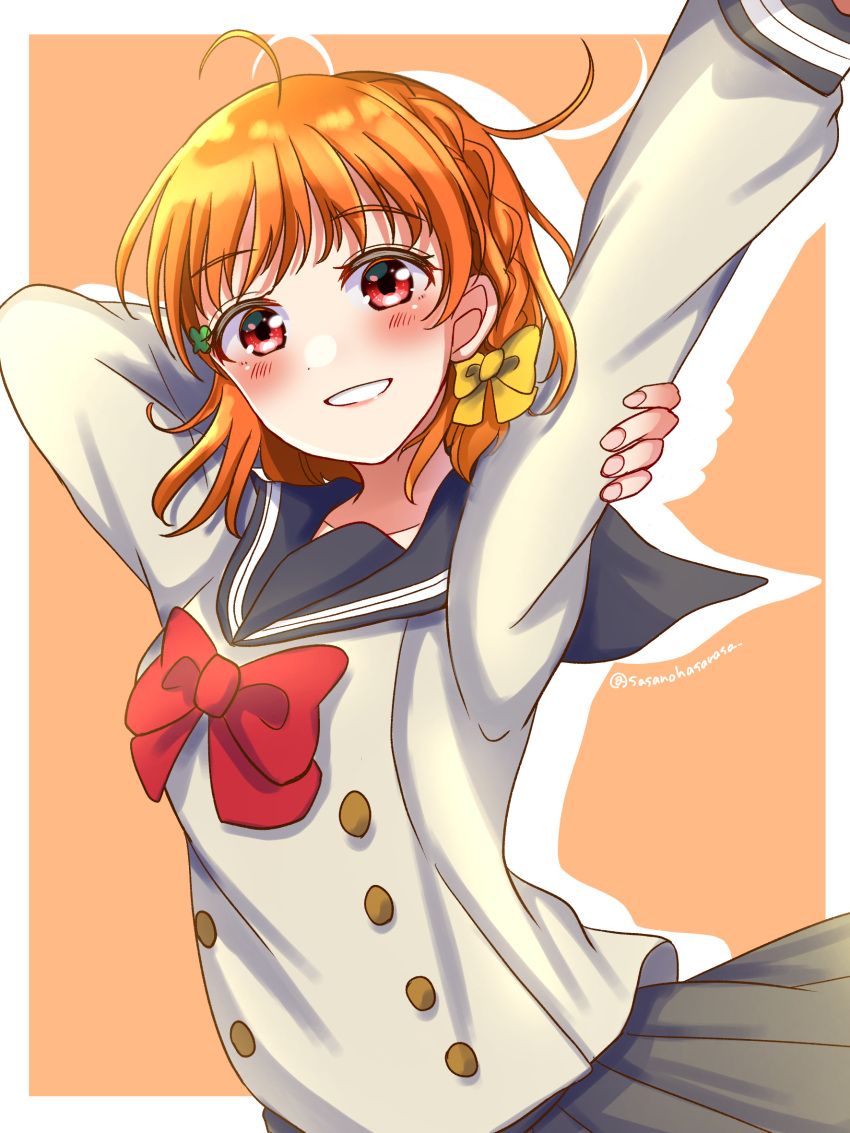 1girl, ahoge, black_sailor_collar, blush, border, bow, bowtie, braid