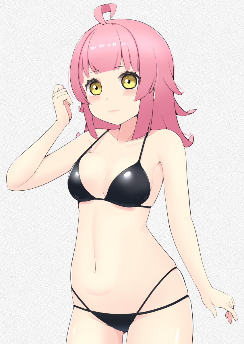 ahoge, bangs, bikini, black_bikini, blush, breasts, clenched_hand, closed_mouth, collarbone, expressionless, eyebrows_visible_through_hair, grey_background, hand_up, highres, kooei, looking_at_viewer, love_live!, love_live!_nijigasaki_high_school_idol_club, medium_breasts, multi-strapped_bikini, navel, pink_hair, short_hair, solo, stomach, swimsuit, tennoji_rina, thighs, yellow_eyes