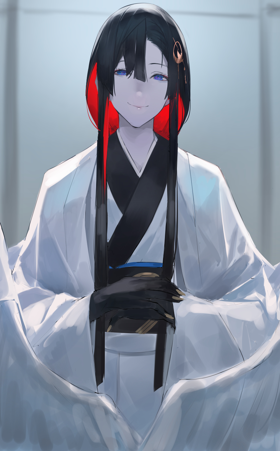 1girl, bangs, black_hair, blazpu, breasts, claws, colored_inner_hair, fate/grand_order, fate_(series), feathered_wings, hair_ornament, highres, japanese_clothes, kimono, long_hair, long_sleeves, looking_at_viewer, medium_breasts, miss_crane_(fate), multicolored_hair, obi, redhead, sash, sidelocks, smile, solo, tassel, two-tone_hair, violet_eyes, white_kimono, wide_sleeves, wings