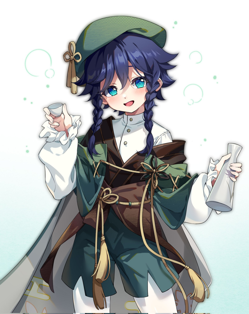 1boy, alcohol, bangs, beret, black_hair, blue_eyes, blush, braid
