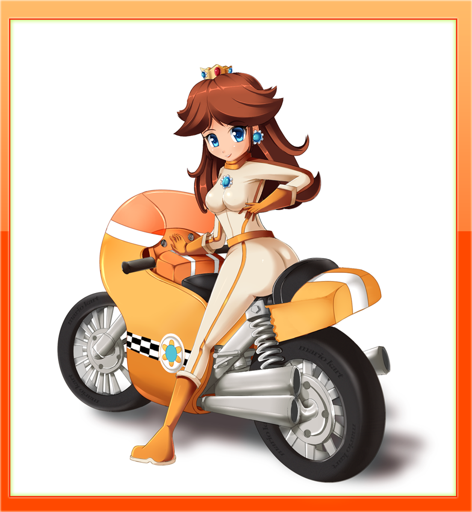 1girl, biker_clothes, blue_eyes, border, brooch, brown_hair, closed_eyes, crown