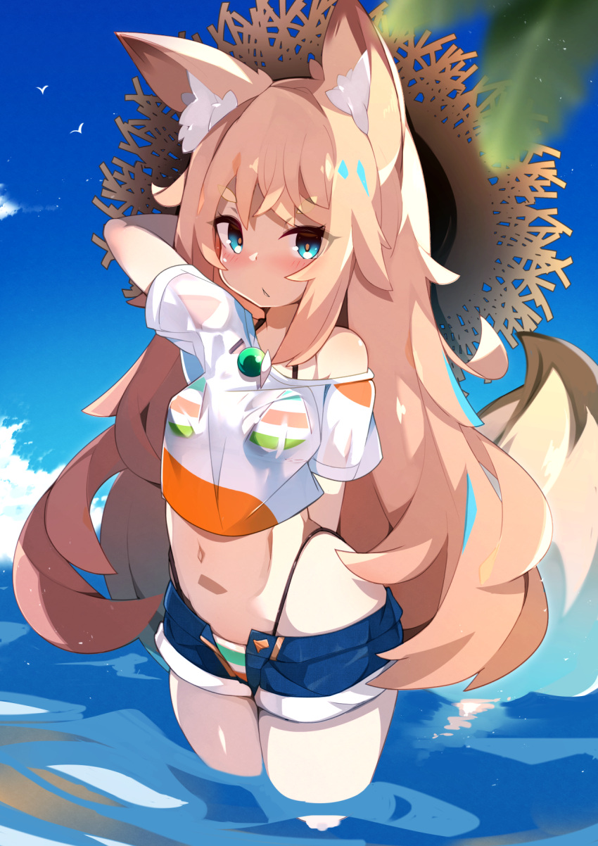 1girl, animal_ear_fluff, animal_ears, arm_behind_back, arm_behind_head, arm_up, bikini, bikini_under_clothes