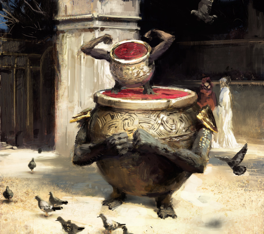 2others, absurdres, animal, arms_up, bird, elden_ring, espen_olsen_saetervik, flying, highres, holding, jar, living_jar_(elden_ring), multiple_others, outdoors, standing, standing_on_another's_head, wings