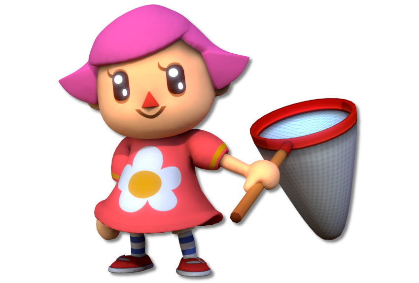 1girl, 3d, animal_crossing, blender_(software), butterfly_net, chibi, child, closed_mouth, dress, flower, hand_net, highres, looking_at_viewer, net, no_eyebrows, pink_dress, pink_hair, red_footwear, short_hair, smile, solo, super_smash_bros., theadorableoshawott, villager_(animal_crossing), villager_(animal_crossing)_(female), white_background