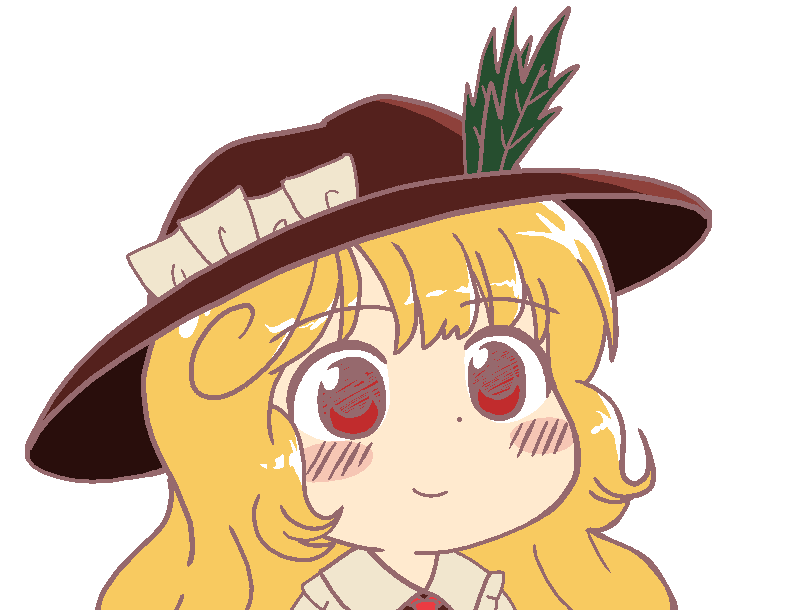 1girl, ascot, blonde_hair, blush, brown_headwear, closed_mouth, collared_shirt, commentary_request, dolls_in_pseudo_paradise, eyebrows_visible_through_hair, face, fedora, frilled_hat, frilled_shirt_collar, frills, gyate_gyate, happy, hat, hat_feather, jacket_girl_(dipp), long_hair, meme, red_ascot, red_eyes, shirt, smile, touhou, transparent_background, user_eezx2438, very_long_hair
