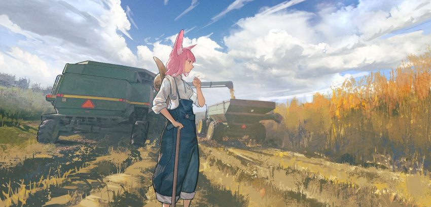 1girl, absurdres, animal_ear_fluff, animal_ears, bangs, black_gloves, blue_overalls, blue_ribbon