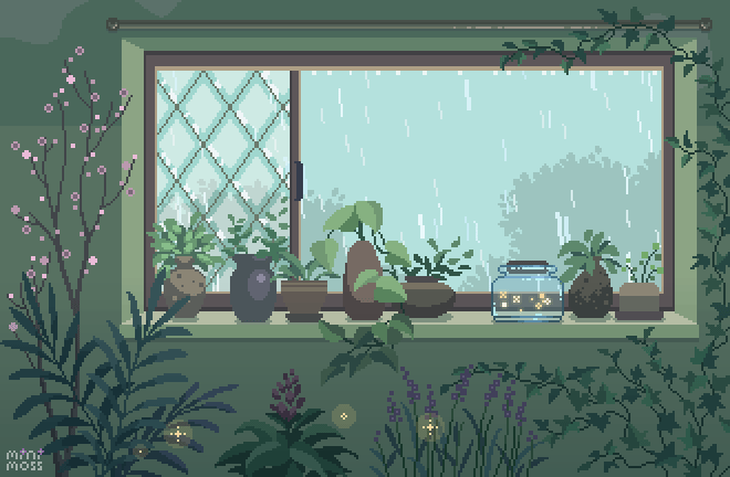 animated, animated_gif, artist_name, english_commentary, fireflies, flower, leaf, mini-moss, no_humans, original, pink_flower, pixel_art, plant, potted_plant, purple_flower, rain, window