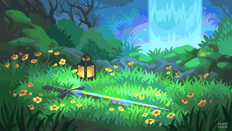 animated, animated_gif, artist_name, english_commentary, flower, frog, grass, lantern, mini-moss, moss, nature, no_humans, original, outdoors, pixel_art, sword, tree, water, waterfall, weapon, yellow_flower
