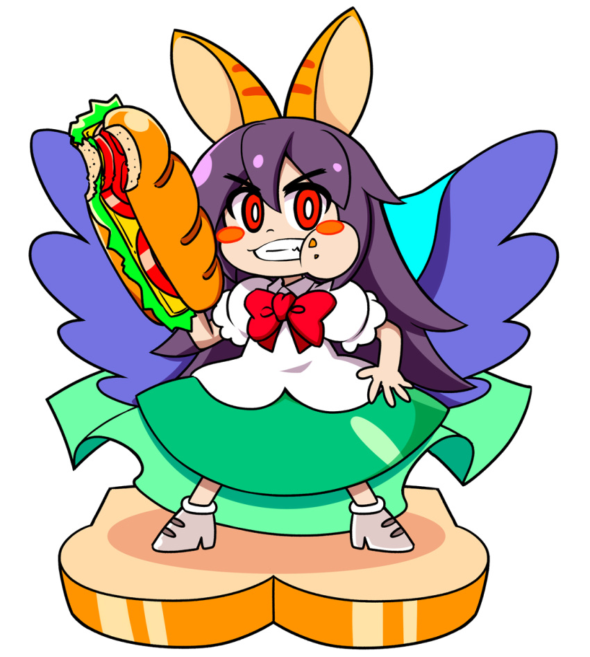 1girl, adapted_costume, alternate_hair_color, alternate_weapon, animal_ears, aqua_cape, blush_stickers, bread