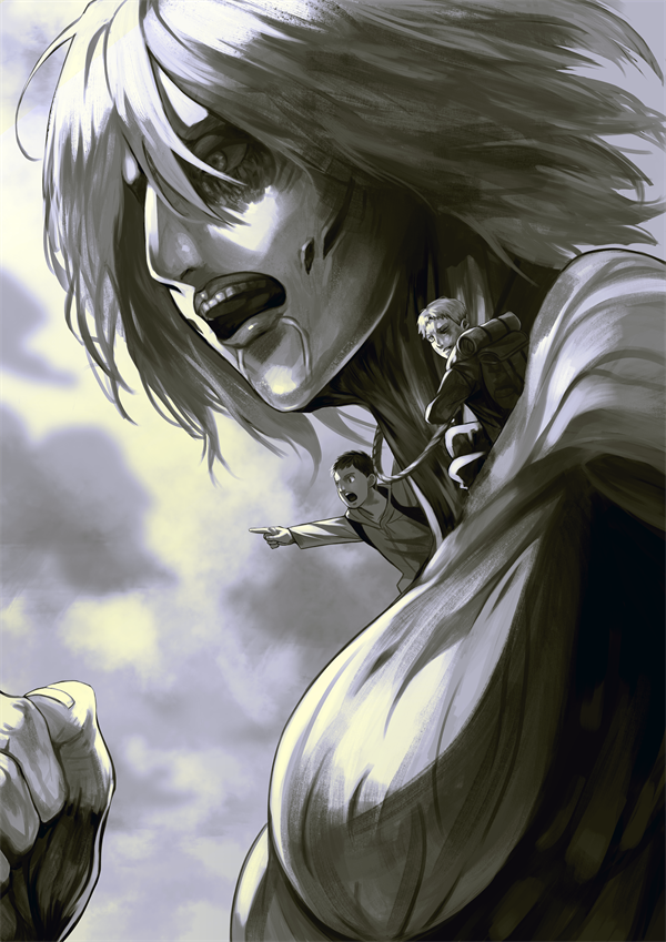 1girl, 2boys, akitani_55, backpack, bag, bertolt_hoover, breasts, child, clenched_teeth, exposed_muscle, facial_mark, female_titan, floating_hair, giant, giantess, grabbing, hair_between_eyes, long_sleeves, looking_away, monochrome, multiple_boys, nude, one_eye_closed, open_mouth, outstretched_arm, pants, pointing, reiner_braun, rope, running, scroll, shingeki_no_kyojin, short_hair, sitting_on_shoulder, sky, spoilers, teeth, upper_body, younger