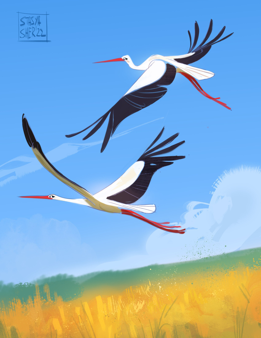 2022, absurdres, artist_name, bird, blue_sky, commentary, field, flying