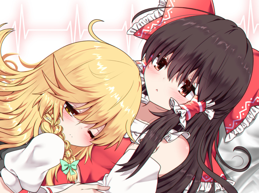2girls, bangs, bare_shoulders, black_dress, blonde_hair, blush, bow, braid
