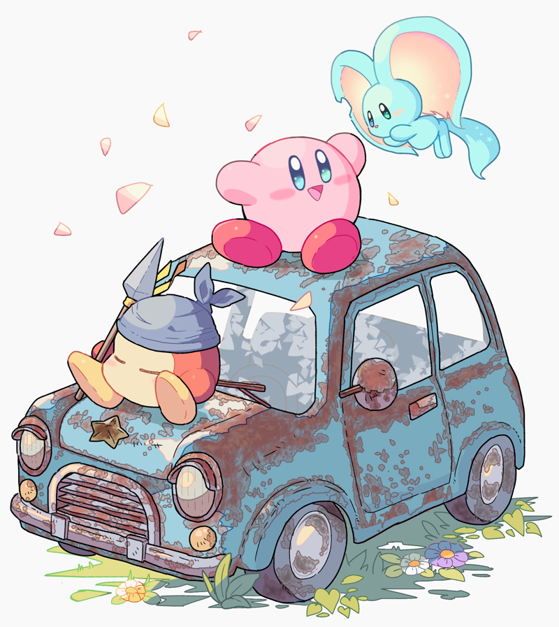 bandana_waddle_dee, blue_eyes, blush, car, closed_eyes, colored_skin, elfilin, flower