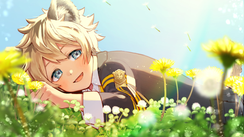 1boy, animal_ears, blonde_hair, flower, green_eyes, grey_eyes, highres, hyena_ears, hyena_tail, kawai_irori, looking_at_viewer, lying, male_focus, on_stomach, pale_skin, ruggie_bucchi, short_hair, smile, solo, spiky_hair, tail, twisted_wonderland, vest