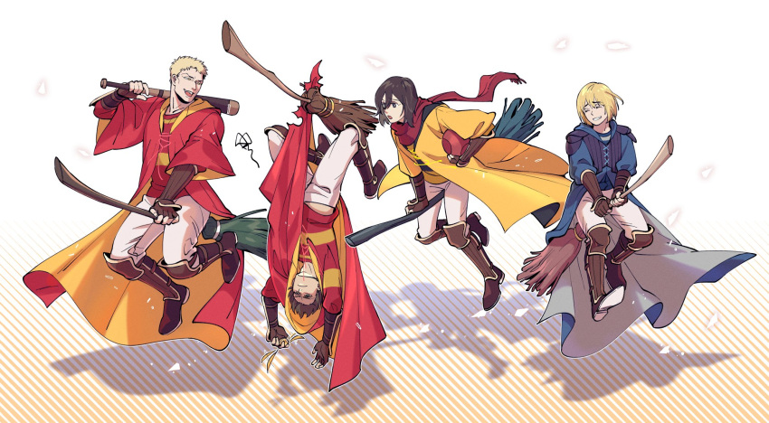 :o, ^_^, ah_luan, arm_guards, arm_support, armin_arlert, ball, bangs, baseball_bat, black_footwear, black_hair, blonde_hair, blue_coat, blue_shirt, bob_cut, broom, broom_riding, brown_gloves, brown_hair, carrying, carrying_over_shoulder, carrying_under_arm, closed_eyes, closed_mouth, coat, cosplay, cross-laced_clothes, eren_yeager, facing_to_the_side, fingerless_gloves, flying, frown, full_body, furrowed_brow, gloves, glowing_petals, golden_snitch, grin, gryffindor, hair_between_eyes, hand_up, highres, hogwarts_school_uniform, holding, holding_ball, holding_baseball_bat, hood, hood_down, hooded_coat, hufflepuff, laughing, long_sleeves, looking_afar, looking_at_another, looking_away, looking_down, looking_to_the_side, midriff_peek, mikasa_ackerman, open_clothes, open_coat, outstretched_arms, pants, pants_tucked_in, puffy_sleeves, quidditch, ravenclaw, red_scarf, red_shirt, reiner_braun, scarf, school_uniform, shaded_face, shadow, shin_guards, shingeki_no_kyojin, shirt, shoe_soles, short_hair, smile, squiggle, striped, striped_shirt, two-sided_fabric, upside-down, v_arms, white_background, white_pants, yellow_coat
