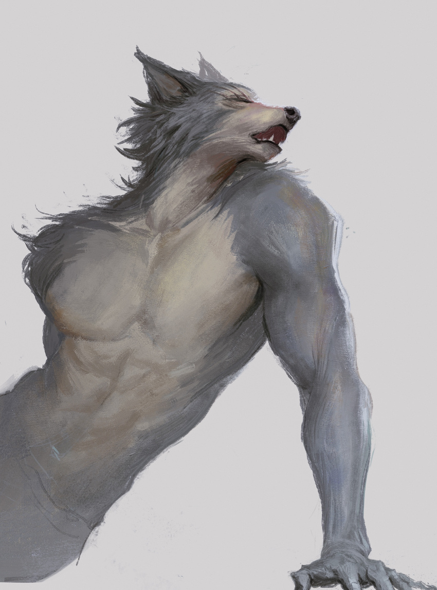 1boy, absurdres, arm_support, beastars, commentary, facing_to_the_side, fang, furry
