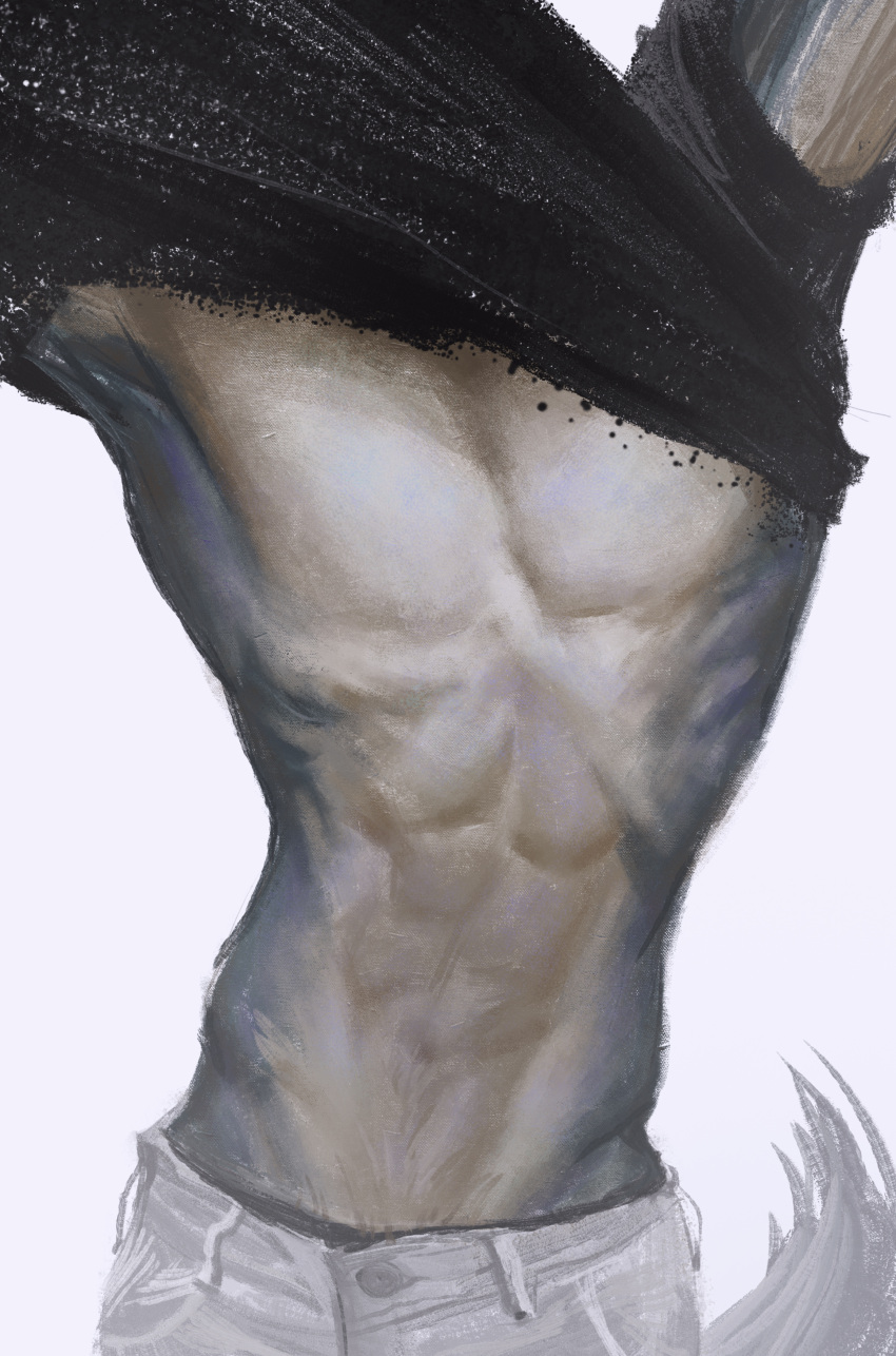 1boy, absurdres, arms_up, beastars, black_shirt, buttons, facing_viewer, head_out_of_frame