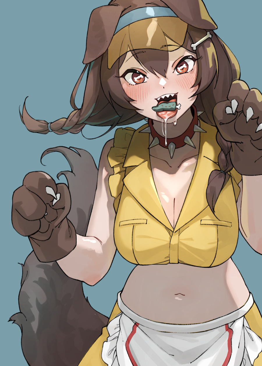 1girl, absolutemabbak, animal_ears, animal_hands, apron, bangs, bone_hair_ornament, braid, breasts, brown_eyes, brown_gloves, brown_hair, brown_tail, collar, dog_ears, dog_girl, dog_tail, frilled_apron, frills, gloves, hair_between_eyes, hair_ornament, hair_over_shoulder, highres, hololive, inugami_korone, large_breasts, low_twin_braids, navel, official_alternate_costume, paw_gloves, red_collar, sharp_teeth, shirt, side_braids, skirt, sleeveless, solo, spiked_collar, spikes, tail, teeth, twin_braids, virtual_youtuber, visor_cap, waist_apron, waitress, white_apron, yellow_shirt, yellow_skirt