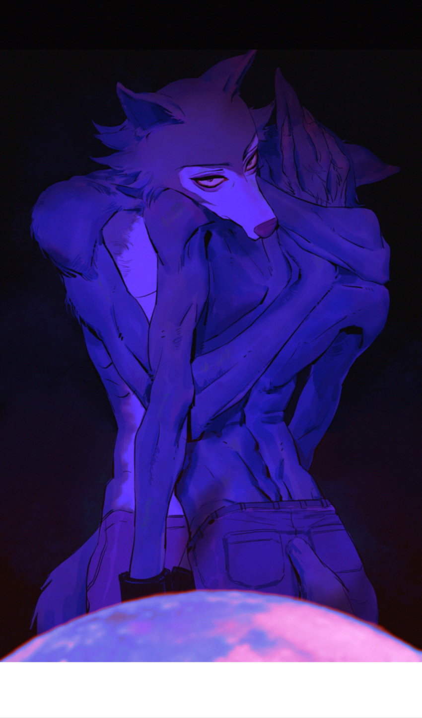 1boy, absurdres, arm_around_shoulder, arms_at_sides, beastars, black_background, blue_theme, character_request, cuffs, facing_away, furry, furry_male, hand_on_another's_back, hands_up, head_on_another's_shoulder, highres, hug, legoshi, looking_at_viewer, pants, planet, sanpaku, simple_background, skinny, solo_focus, topless_male, wolf_boy, zigong