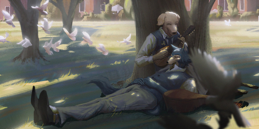 2boys, ^_^, beastars, bird, black_footwear, blue_necktie, blue_vest, blurry