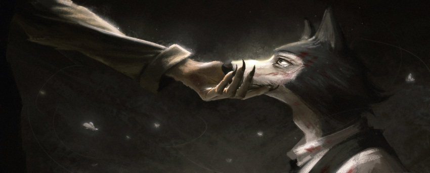 1boy, beastars, black_nails, blood, blood_on_clothes, blood_on_face, bug, character_request, closed_mouth, collared_shirt, dark, fingernails, from_side, furry, furry_male, grabbing_another's_chin, hand_on_another's_chin, highres, legoshi, light_particles, long_fingernails, long_sleeves, looking_at_another, looking_away, looking_up, male_focus, moth, motion_lines, out_of_frame, outstretched_arm, profile, sharp_fingernails, shirt, solo_focus, tears, wolf_boy, zzhenliu