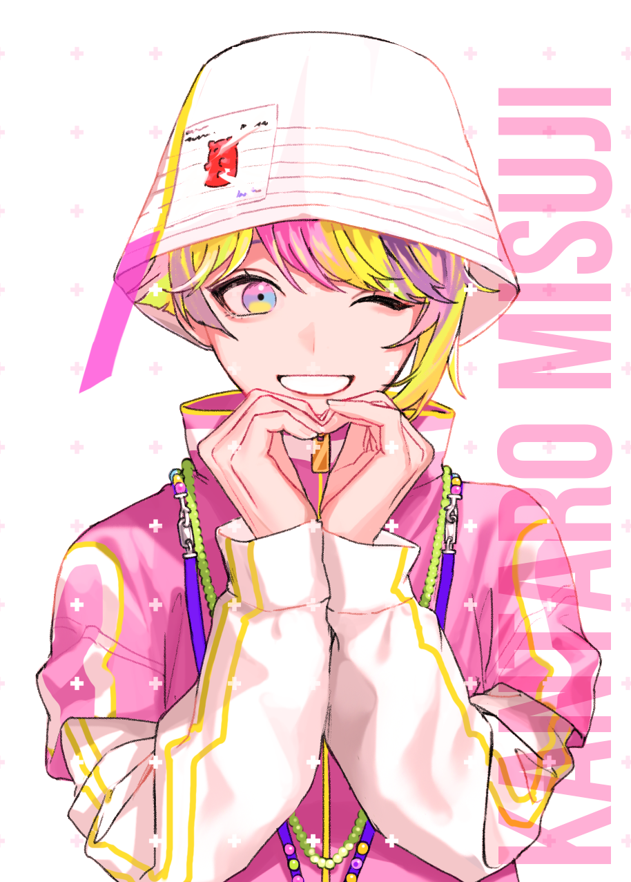 1boy, blonde_hair, blue_eyes, bucket_hat, character_name, green_eyes, green_hair, hat