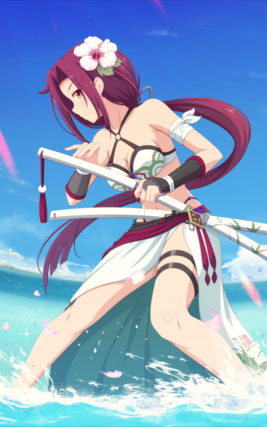 1girl, bandaged_arm, bandages, bare_legs, bare_shoulders, blue_sky, breasts, bridal_gauntlets