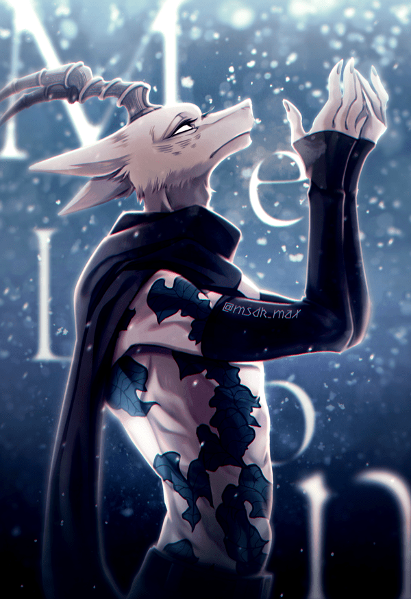 1boy, animal_print, beastars, black_scarf, blue_background, body_markings, character_name, closed_mouth, detached_sleeves, eyelashes, fingernails, from_side, frown, furry, furry_male, gazelle, hands_up, leaf_print, leopard_print, light_particles, looking_away, looking_up, male_focus, melon_(beastars), msdk_max, profile, reaching, scarf, snowing, solo, topless_male, upper_body