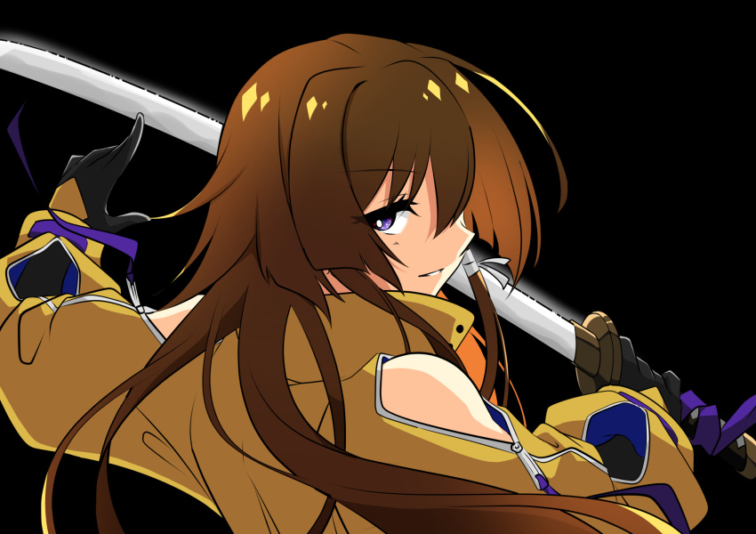 1girl, black_background, black_gloves, bright_pupils, brown_hair, eyebrows_visible_through_hair, floating_hair, from_behind