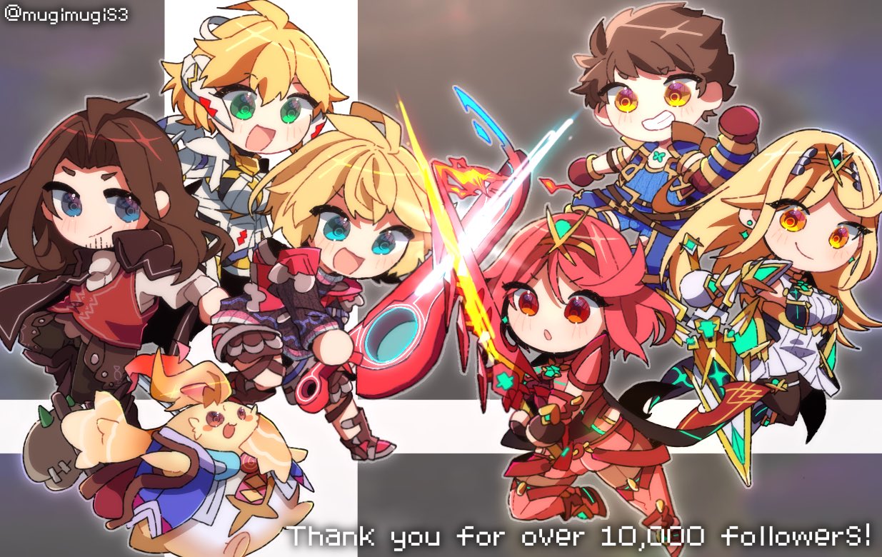 3girls, 4boys, aegis_sword_(xenoblade), bangs, blonde_hair, breasts, chest_jewel, chibi