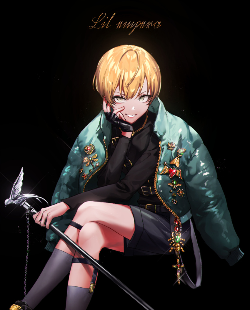 1boy, black_background, black_gloves, black_shirt, brown_eyes, cane, fingerless_gloves, gloves