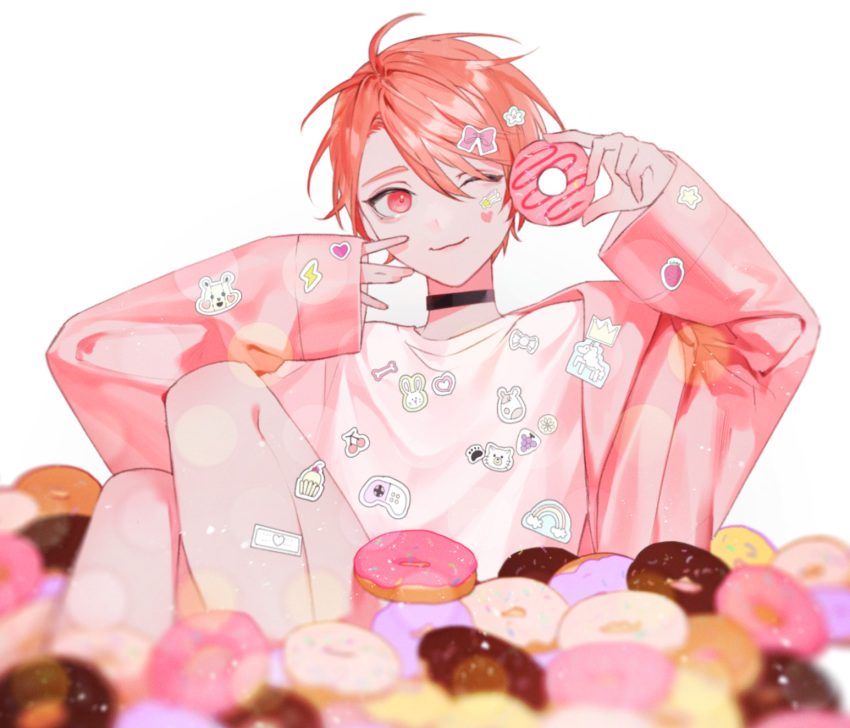 1boy, choker, doughnut, food, highres, holding, holding_food, long_sleeves