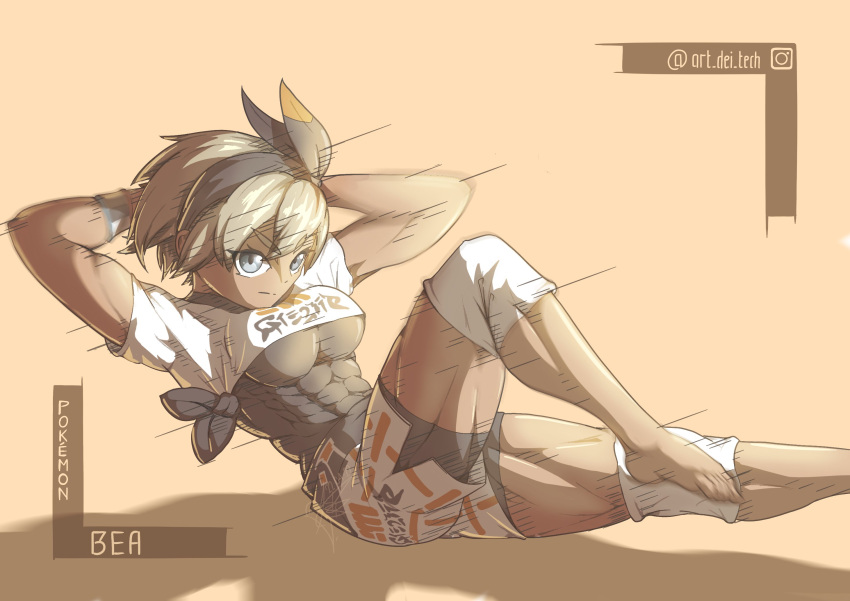 1girl, abs, artdeitech, bea_(pokemon), bodysuit, bodysuit_under_clothes, bow_hairband, covered_abs, dark-skinned_female, dark_skin, exercise, grey_eyes, hairband, highres, muscular, muscular_female, pokemon, pokemon_(game), pokemon_swsh, short_sleeves, shorts, sit-up, solo, toned