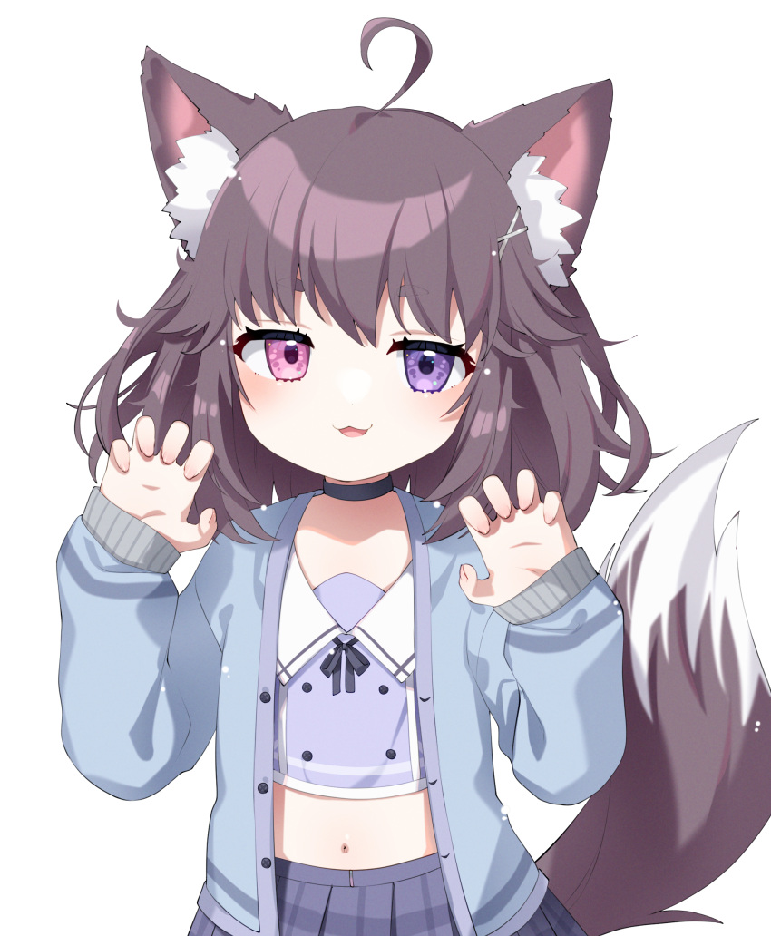 1girl, :d, absurdres, ahoge, animal_ears, cardigan, choker, commission, commissioner_upload, erica_illust, flat_chest, gao, heterochromia, highres, indie_virtual_youtuber, midriff, midriff_peek, petite, purple_cardigan, purple_shirt, purple_skirt, sailor_collar, sailor_shirt, shirt, skeb_commission, skirt, smile, smug, solo, tail, tlombard2000, virtual_youtuber, wolf_ears, wolf_girl, wolf_tail