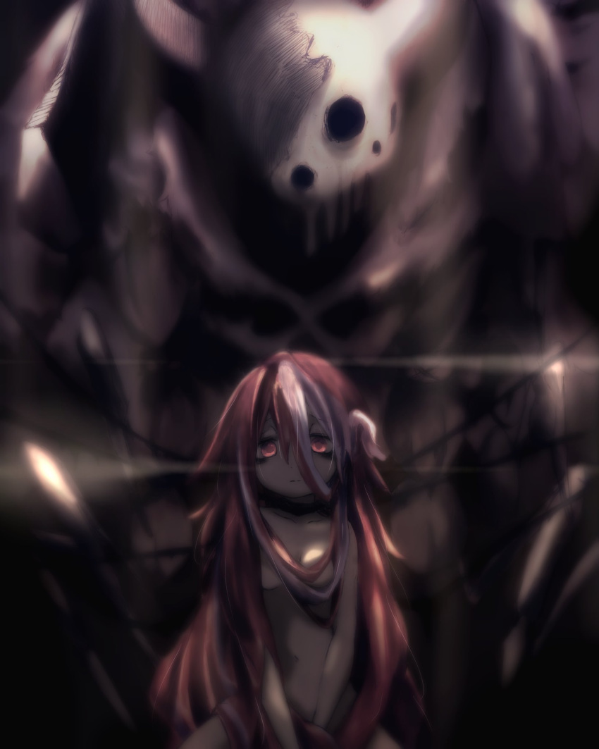 1boy, 1girl, breasts, commentary_request, empty_eyes, giant, glint, glowing
