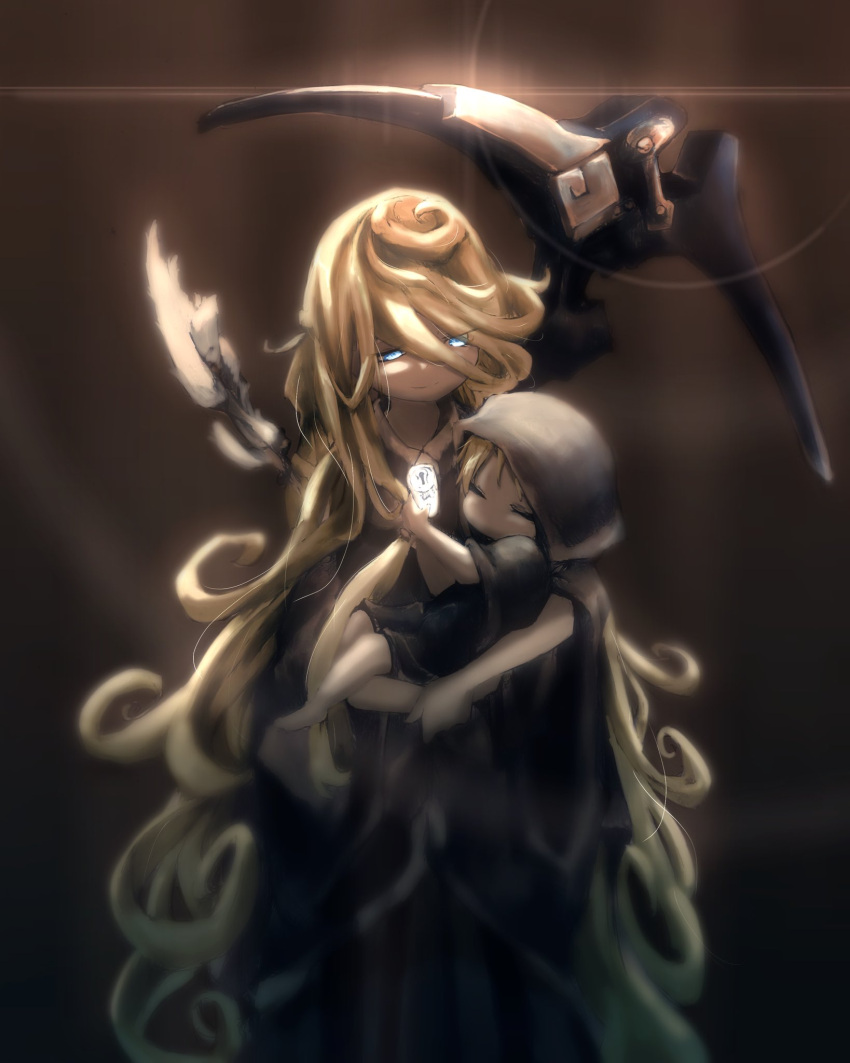 2girls, baby_carry, bangs, barefoot, black_dress, blue_eyes, brown_background, carrying