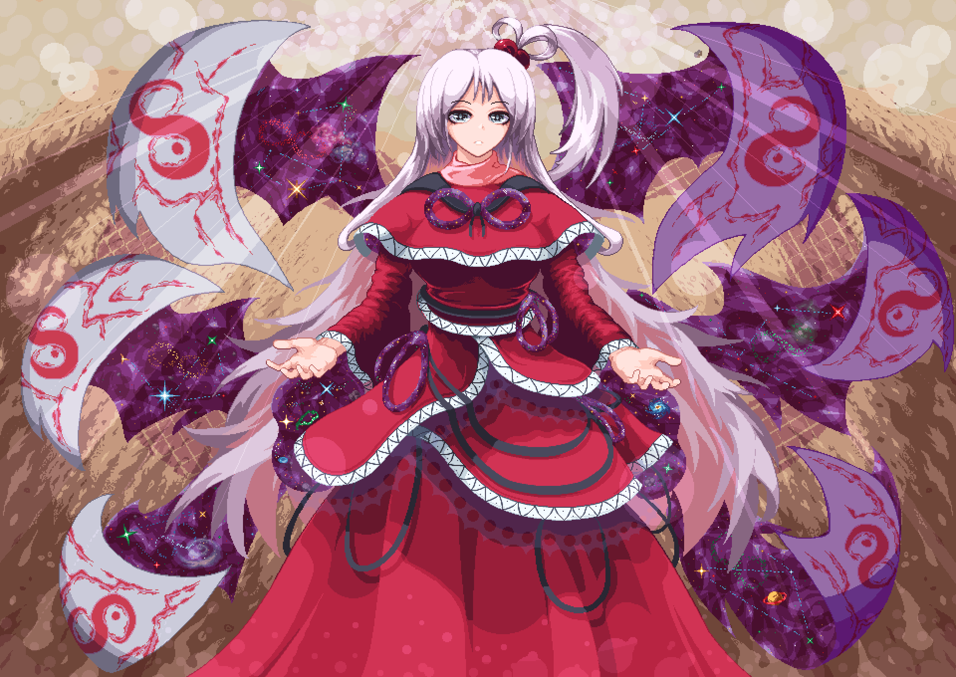 capelet, demon_wings, dress, grey_eyes, hair_bobbles, hair_ornament, highres, infinity