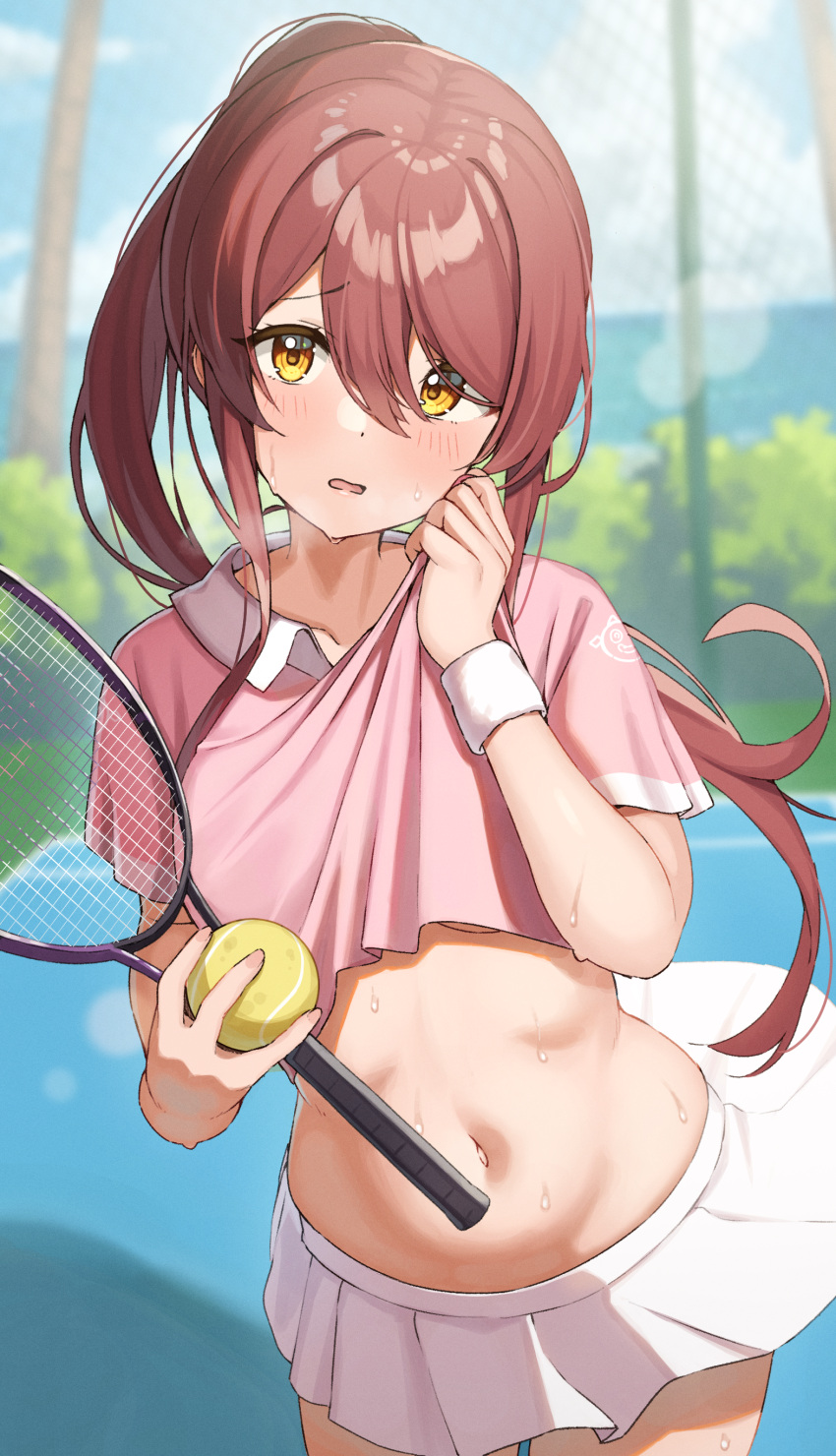 1girl, absurdres, alternate_hairstyle, ball, blue_sky, blurry, breasts, bush, character_print, clothes_lift, clouds, cloudy_sky, commentary, cowboy_shot, day, debi_tarou, dot_nose, eyebrows_visible_through_hair, floating_hair, foreshortening, hair_between_eyes, heavy_breathing, high_ponytail, highres, holding, horizon, idolmaster, idolmaster_shiny_colors, lens_flare, lifted_by_self, long_hair, looking_at_viewer, miniskirt, navel, ocean, oosaki_tenka, open_mouth, outdoors, pink_shirt, pleated_skirt, racket, raised_eyebrow, shiny, shiny_hair, shirt, shirt_lift, short_sleeves, skirt, sky, solo, sportswear, stomach, sweat, tennis_ball, tennis_court, tennis_racket, tennis_uniform, thighs, under_boob, wanimaru, water, white_skirt, wind, wind_lift, yellow_eyes