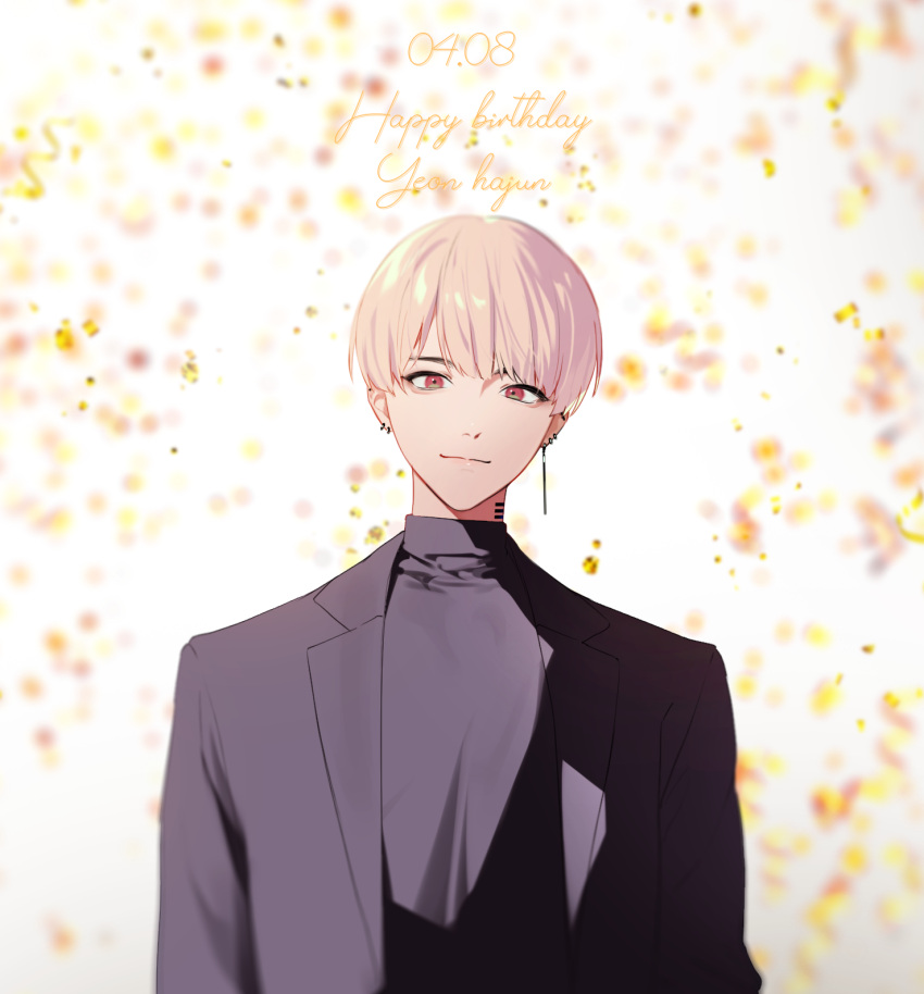 1boy, black_shirt, dated, ear_piercing, earrings, formal, happy_birthday, highres, jewelry, long_sleeves, looking_at_viewer, male_focus, nyamnyam0502, paradox_live, piercing, pink_hair, red_eyes, shirt, short_hair, smile, solo, tattoo, yeon_hajun