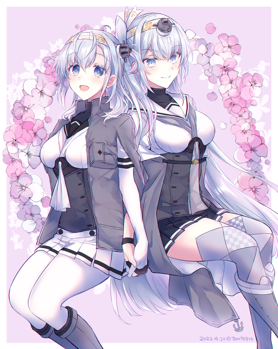 2girls, black_gloves, black_sailor_collar, black_skirt, bodysuit, breasts, clothes_writing, feet_out_of_frame