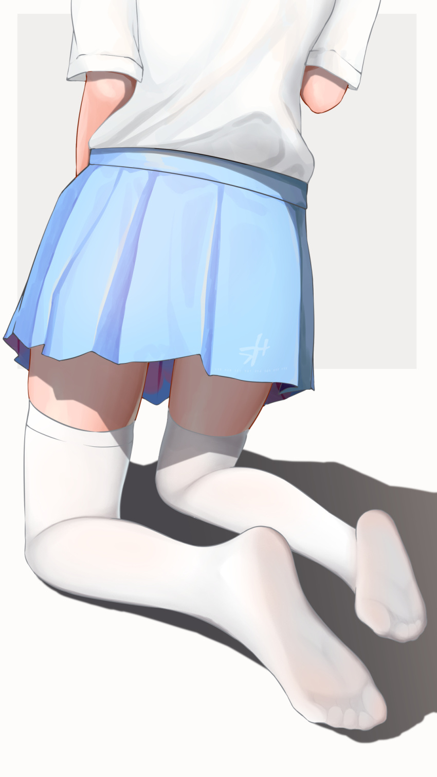 1girl, blue_skirt, highres, kneeling, legs, no_shoes, original, over-kneehighs
