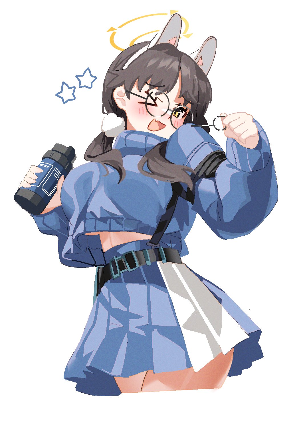 >_o, 1girl, bangs, belt, black_belt, blue_archive, blue_sweater, blush
