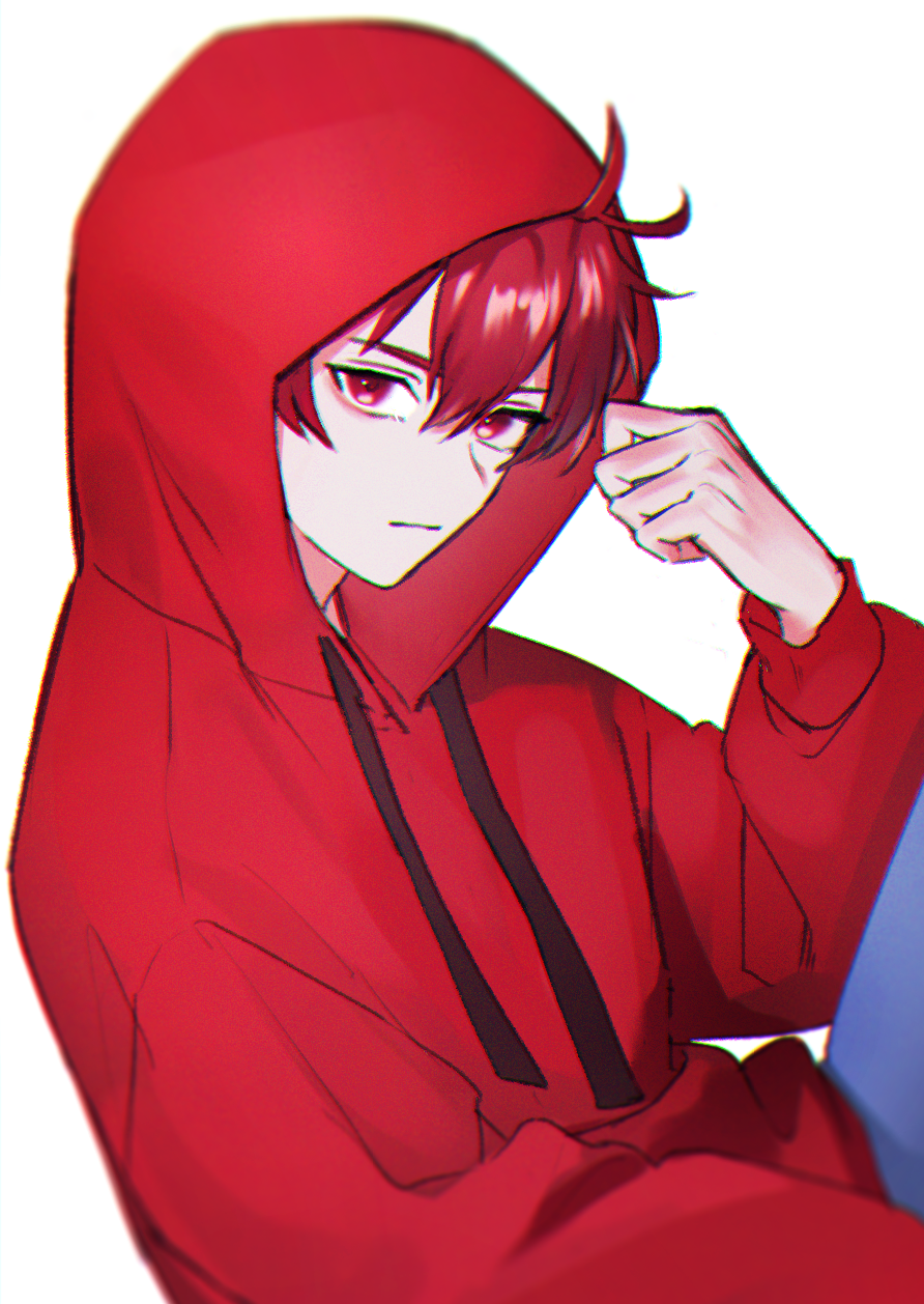 1boy, :/, denim, highres, hood, hood_up, hoodie, jeans