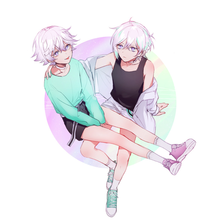 2boys, black_tank_top, blue_hair, brothers, choker, ear_piercing, full_body, green_shirt