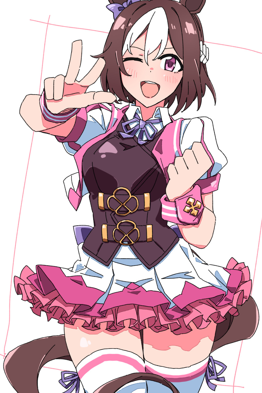 1girl, :d, animal_ears, bow, brown_hair, dress, durindana_7, frilled_dress