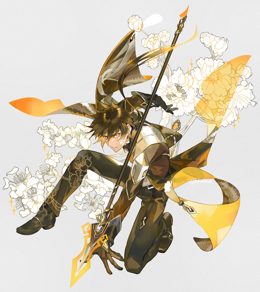 1boy, bangs, black_gloves, brown_coat, brown_hair, coat, earrings, flower