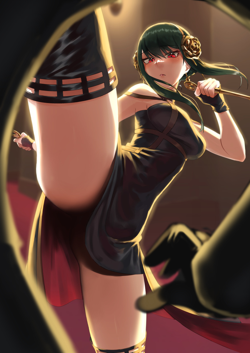 1girl, absurdres, bangs, black_dress, black_gloves, black_hair, black_legwear, breasts, closed_mouth, dagger, dress, dual_wielding, earrings, fingerless_gloves, floating_hair, gloves, gold_earrings, gold_hairband, highres, holding, holding_dagger, holding_weapon, incoming_attack, incoming_kick, jewelry, kicking, knife, leg_up, legs, long_hair, looking_at_viewer, medium_breasts, pov, pov_hands, red_eyes, red_lips, rose_hair_ornament, solo, solo_focus, soratobu_mame., spikes, spy_x_family, standing, standing_on_one_leg, thigh-highs, thighs, weapon, yor_briar