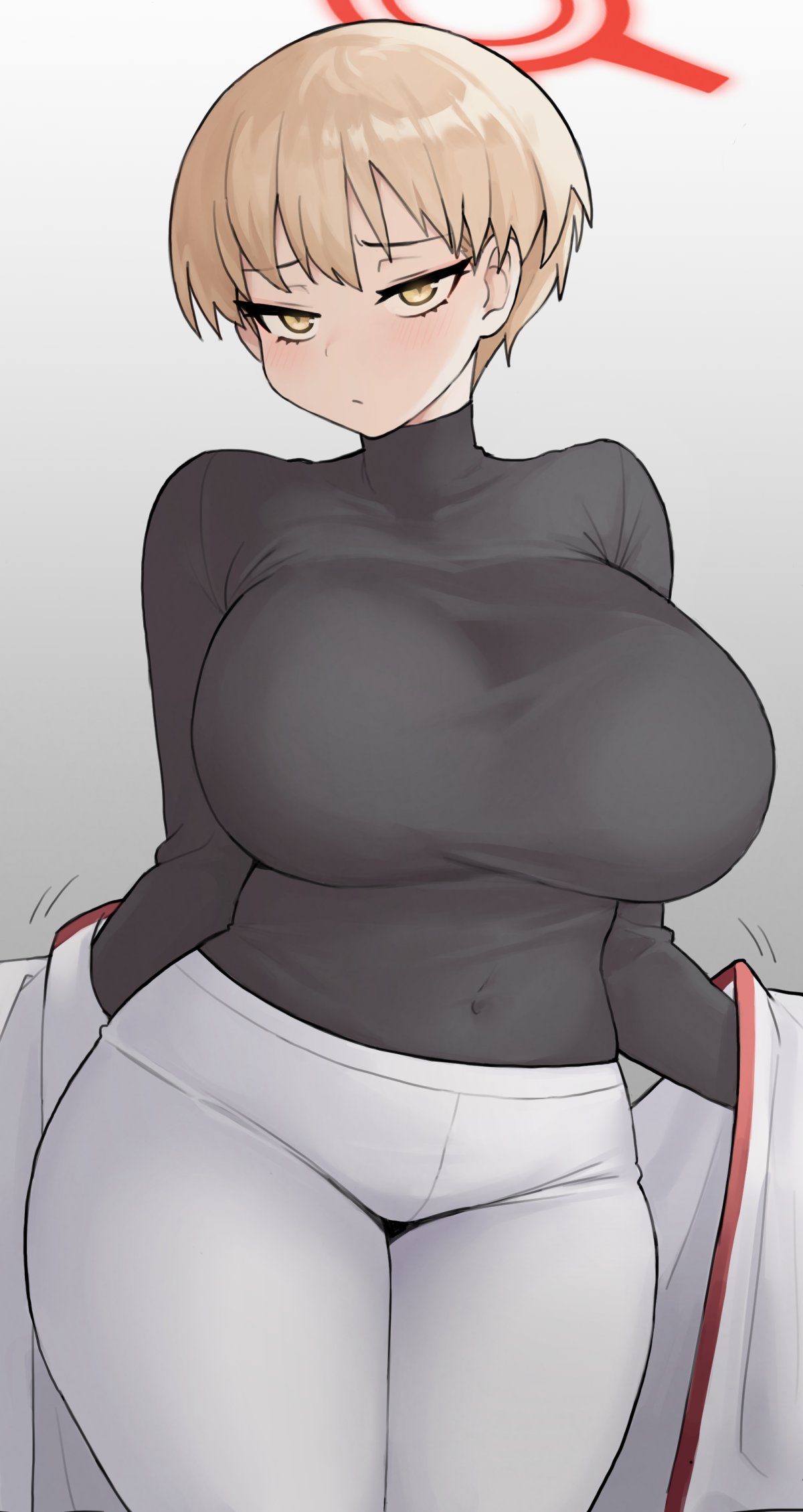 1girl, bangs, blonde_hair, blue_archive, blush, breasts, closed_mouth, covered_navel, gradient, gradient_background, halo, highres, huge_breasts, jorin, long_sleeves, marina_(blue_archive), open_clothes, pants, plump, short_hair, simple_background, solo, symbol-only_commentary, undershirt, white_pants, yellow_eyes