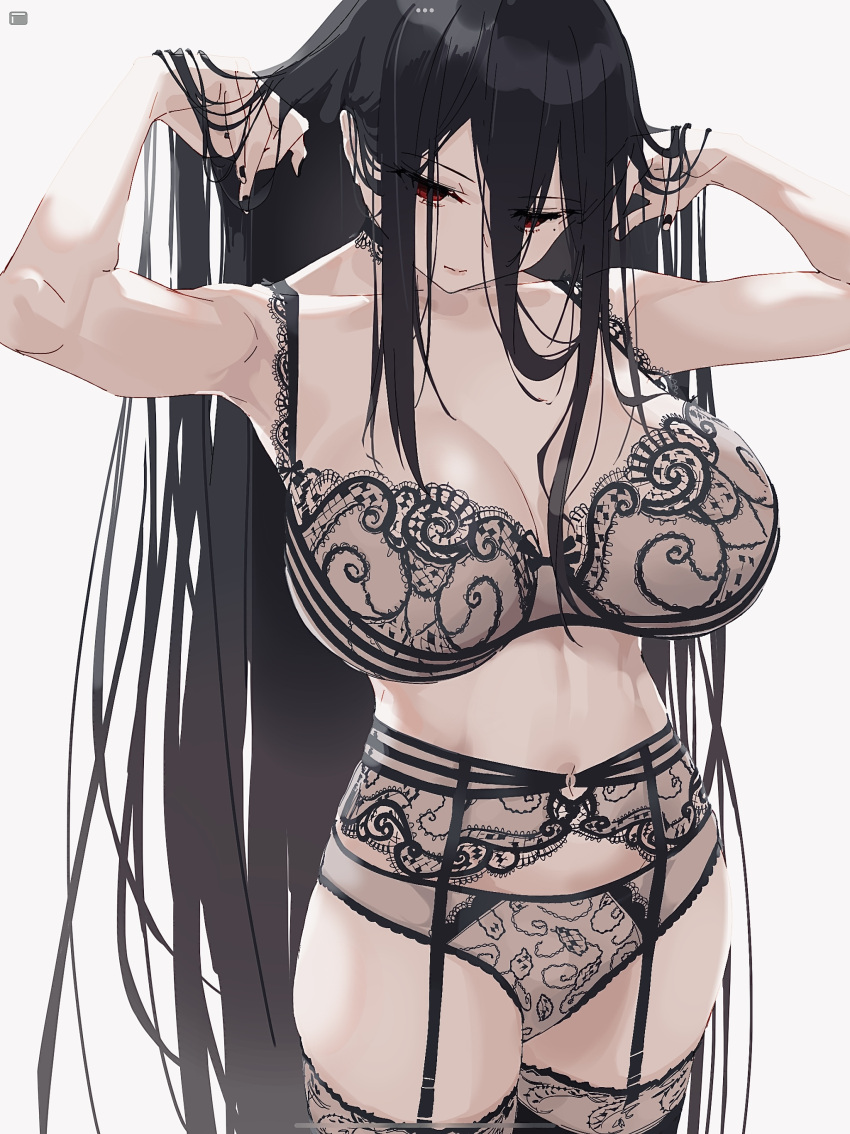 1girl, absurdres, armpits, arms_up, bangs, black_choker, black_hair, black_nails