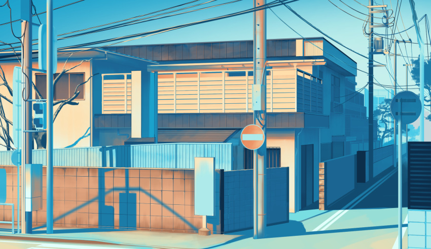 blue_sky, blue_theme, building, commentary_request, hakuurei_amano, highres, house, no_entry_sign